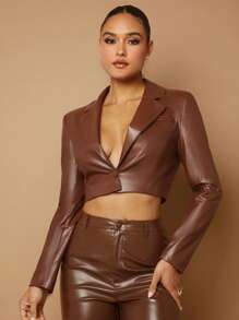 SHEIN BAE Lapel Neck Crop PU Leather Blazer - Coffee Brown - View 7