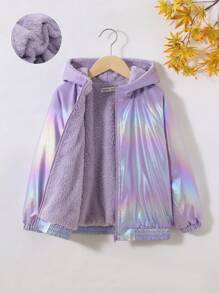 SHEIN Tween Girl Holographic Zip Up Hooded Teddy Lined Jacket - Multicolor - View 1