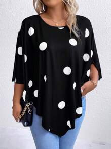 SHEIN LUNE Plus Polka Dot Print Batwing Sleeve Asymmetrical Hem Tee - Black and White - View 1