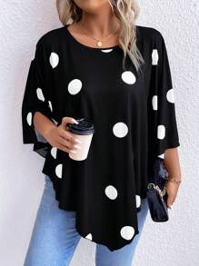 SHEIN LUNE Plus Polka Dot Print Batwing Sleeve Asymmetrical Hem Tee - Black and White - View 3