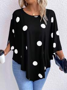 SHEIN LUNE Plus Polka Dot Print Batwing Sleeve Asymmetrical Hem Tee - Black and White - View 4