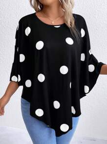 SHEIN LUNE Plus Polka Dot Print Batwing Sleeve Asymmetrical Hem Tee - Black and White - View 5