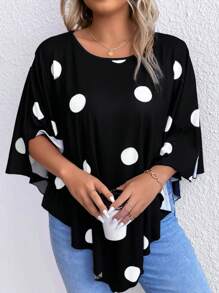 SHEIN LUNE Plus Polka Dot Print Batwing Sleeve Asymmetrical Hem Tee - Black and White - View 7