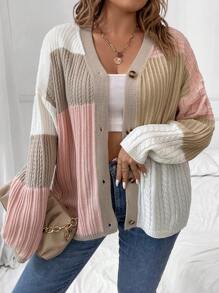 Calvaya 大碼撞色落肩袖開襟衫 - 彩色 - 查看 1