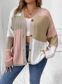 Calvaya 大碼撞色落肩袖開襟衫 - 彩色 - 查看 5