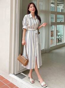 DAZY Vestido camisero con estampado de rayas y cinturón, ropa de vuelta al colegio