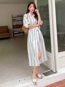 DAZY Vestido camisero con estampado de rayas y cinturón, ropa de vuelta al colegio