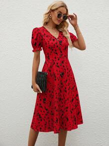 SHEIN Clasi Allover Print Puff Sleeve A-line Dress - Red - View 1
