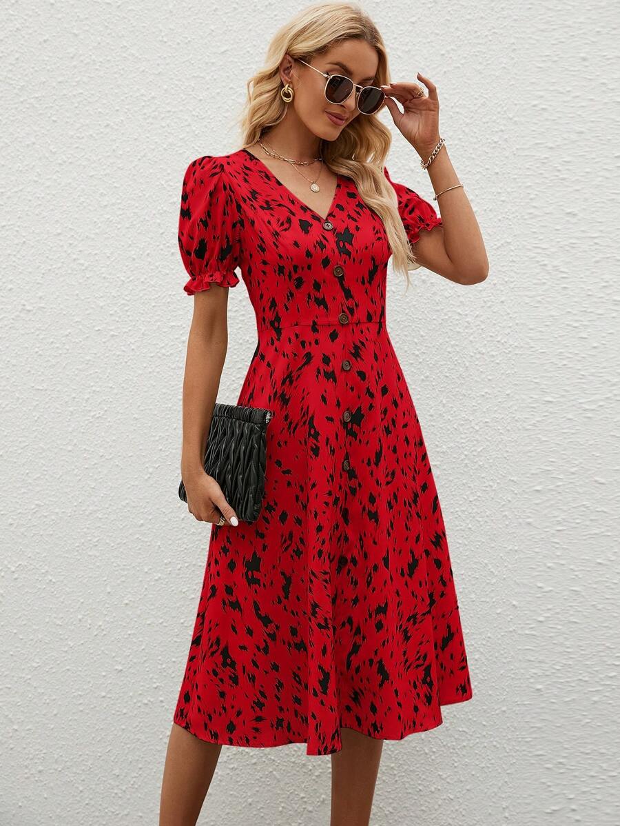 SHEIN Clasi Allover Print Puff Sleeve A-line Dress - Red - View 1