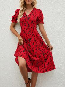 SHEIN Clasi Allover Print Puff Sleeve A-line Dress - Red - View 3