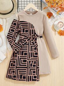 SHEIN 女大童幾何印花肩部挖空不對稱下擺繫腰帶洋裝 - 彩色 - 查看 1