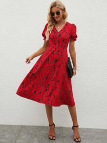 SHEIN Clasi Allover Print Puff Sleeve A-line Dress - Red - View 5