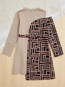 SHEIN 女大童幾何印花肩部挖空不對稱下擺繫腰帶洋裝 - 彩色 - 查看 2