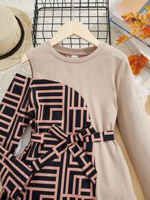 SHEIN 女大童幾何印花肩部挖空不對稱下擺繫腰帶洋裝 - 彩色 - 查看 3