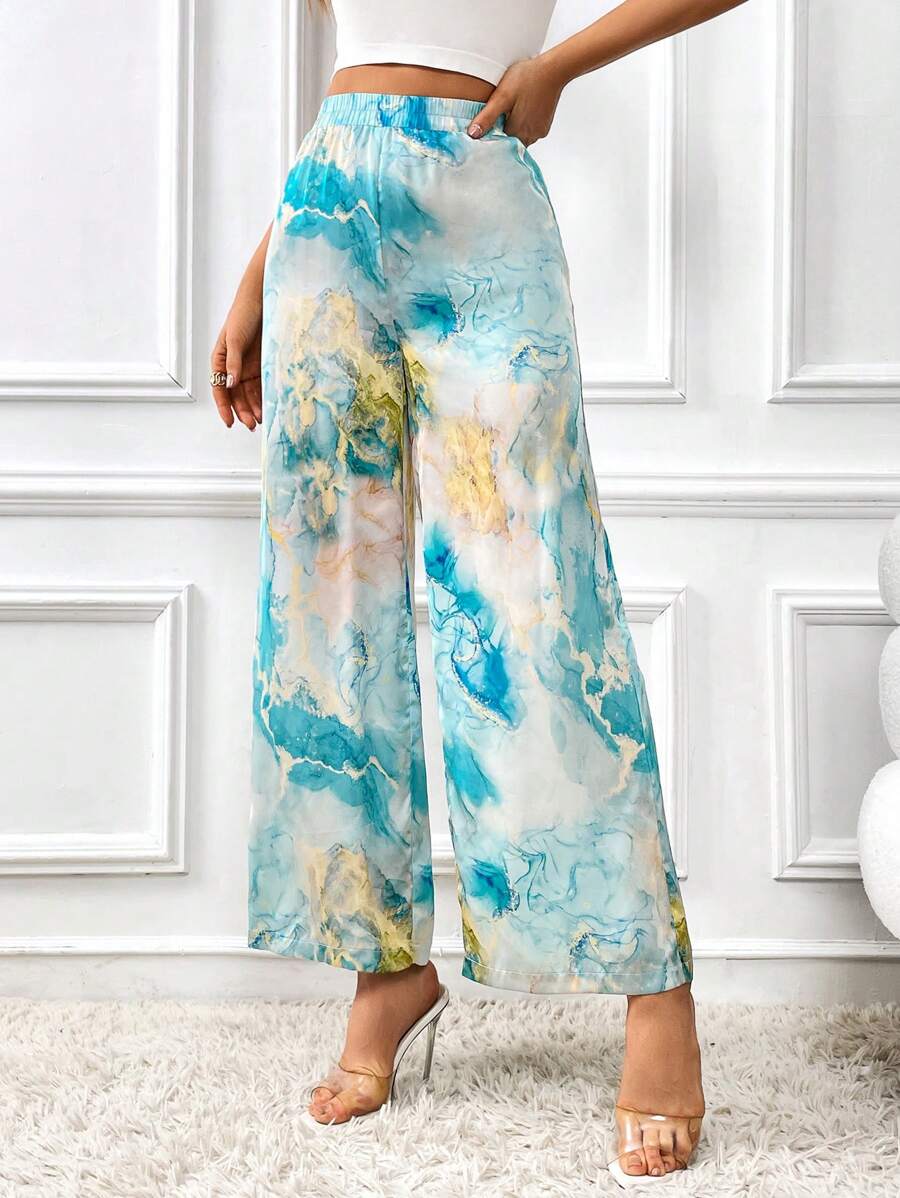 SHEIN Privé 大理石圖案闊腿褲 - 彩色 - 查看 1