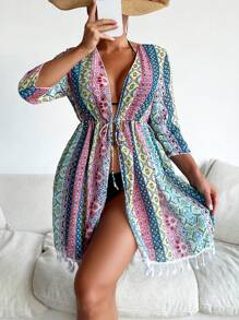 Allover Print Tassel Trim Kimono - Multicolor - View 1