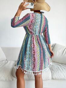 Allover Print Tassel Trim Kimono - Multicolor - View 2