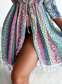 Allover Print Tassel Trim Kimono - Multicolor - View 4