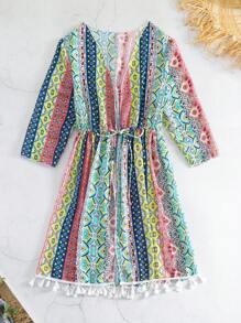 Allover Print Tassel Trim Kimono - Multicolor - View 8