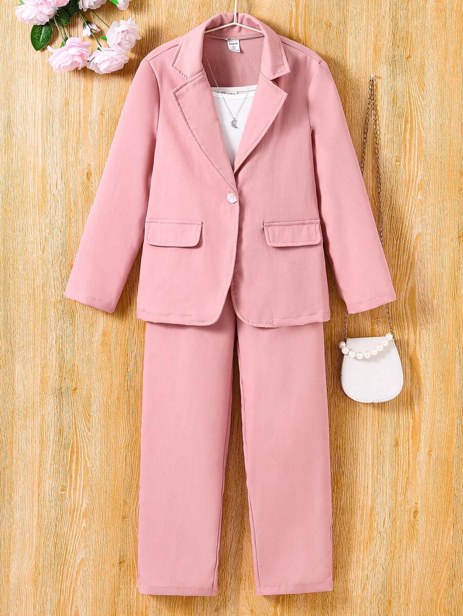 SHEIN 女大童素色單釦翻蓋細節西裝外套和褲子 - 粉色 - 查看 1