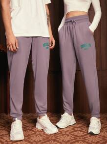 SWAVVY 1入組字母圖案腰部抽繩衛褲 - 淡紫色 - 查看 1