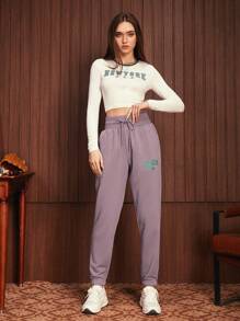 SWAVVY 1入組字母圖案腰部抽繩衛褲 - 淡紫色 - 查看 5