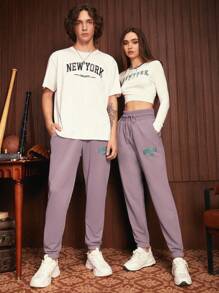 SWAVVY 1入組字母圖案腰部抽繩衛褲 - 淡紫色 - 查看 6