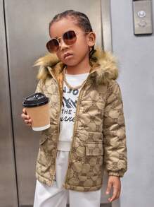 SHEIN 年轻男孩舒适休闲连帽棉服外套，文字印花，柔软，实用，温暖，带口袋盖和毛边的夹克，适合冬季 - 卡其色 - 查看 3