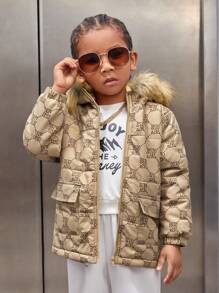 SHEIN 年轻男孩舒适休闲连帽棉服外套，文字印花，柔软，实用，温暖，带口袋盖和毛边的夹克，适合冬季 - 卡其色 - 查看 5