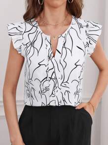 SHEIN Essnce Blusa con estampado de cuello notch ribete con fruncido - Blanco y Negro - Ver 5