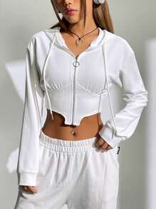 SHEIN EZwear 拉鏈開襟不對稱下擺抽繩連帽短款運動衫 - 白色 - 查看 1