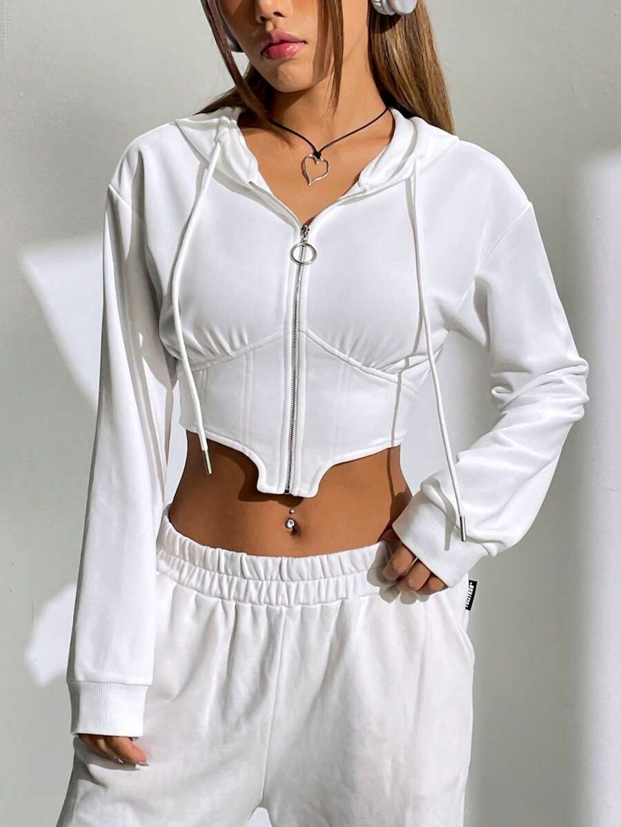 SHEIN EZwear 拉鏈開襟不對稱下擺抽繩連帽短款運動衫 - 白色 - 查看 1