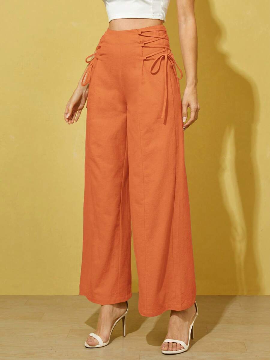 SHEIN Essnce Lace Up Side Wide Leg Trousers - Orange - View 1