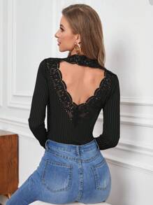 SHEIN Privé Guipure Lace Insert Cut Out Back Tee - White - View 2