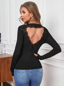 SHEIN Privé Guipure Lace Insert Cut Out Back Tee - White - View 1