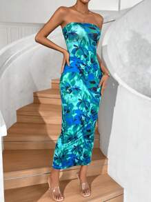 SHEIN Privé Floral Print Tube Bodycon Dress - Multicolor - View 5