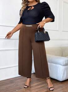 Celure Plus Chain Detail Wide Leg Pants - Coffee Brown - View 3