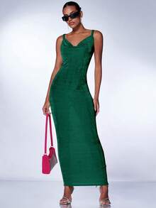 SHEIN BAE 垂領素色吊帶連衣裙 - 墨綠色 - 查看 5