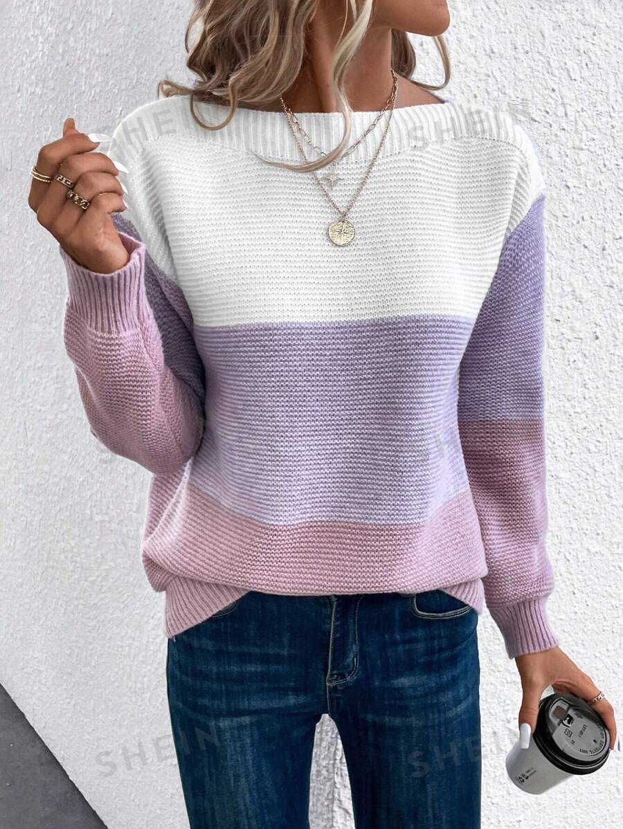 SHEIN LUNE Suéter de hombros caídos con bloques de color, parte superior de manga larga de punto, suéter de punto para otoño e invierno - Multicolor - Ver 1