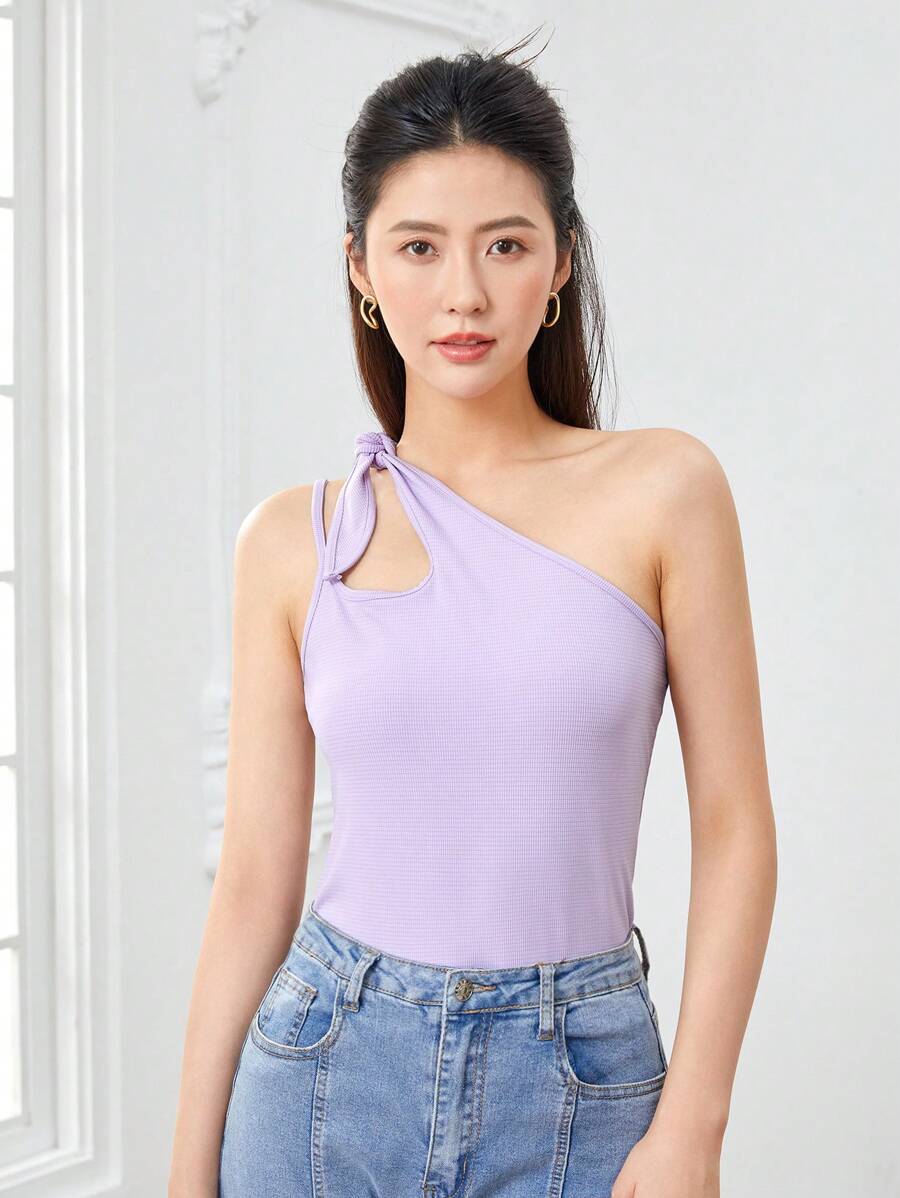 SHEINNeu One Shoulder Knot Detail Top - Lilac Purple - View 1