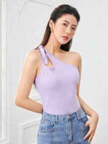SHEINNeu One Shoulder Knot Detail Top - Lilac Purple - View 3