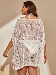 SHEIN Swim Curve 大碼鏤空蝙蝠袖罩衫連衣裙不附比基尼 - 白色 - 查看 2
