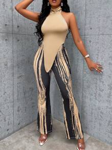 SOLERSUN 素色掛脖上衣&圖案印花喇叭褲 - 杏色 - 查看 3