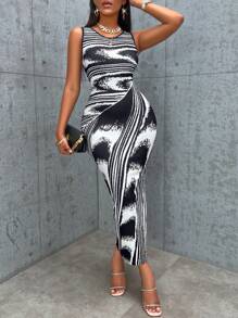 SOLERSUN 條紋圖案&筆刷圖案緊身連衣裙 - 黑色 - 查看 1