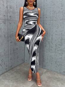 SOLERSUN 條紋圖案&筆刷圖案緊身連衣裙 - 黑色 - 查看 6