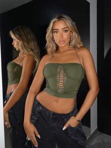 SHEIN ICON 前鏤空繞頸短上衣 - 墨綠色 - 查看 1