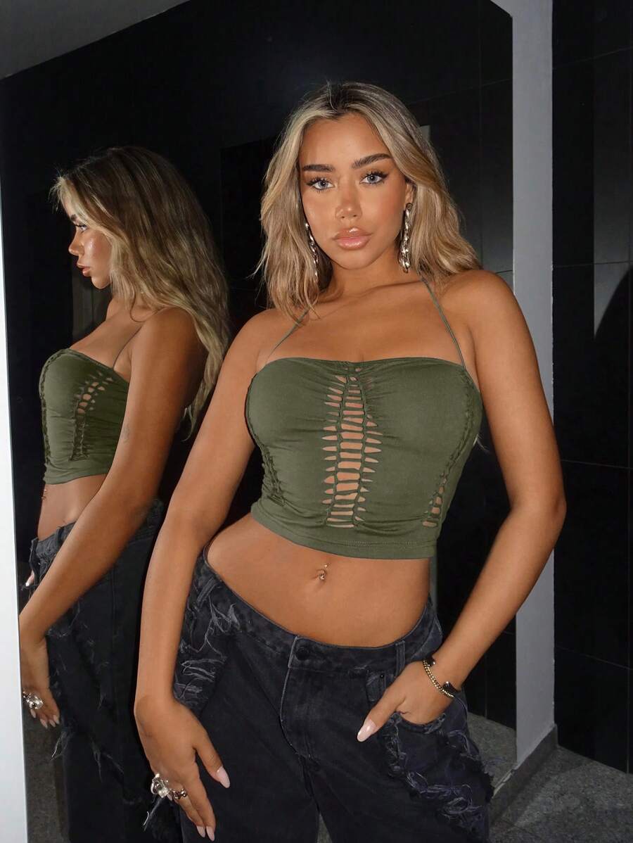 SHEIN ICON 前鏤空繞頸短上衣 - 墨綠色 - 查看 1