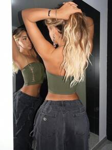 SHEIN ICON 前鏤空繞頸短上衣 - 墨綠色 - 查看 2