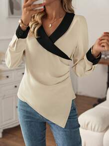 SHEIN Clasi 拼接邊褶邊不對稱下擺襯衫 - 卡其色 - 查看 1