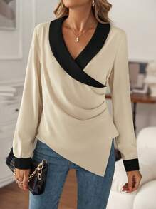 SHEIN Clasi 拼接邊褶邊不對稱下擺襯衫 - 卡其色 - 查看 3